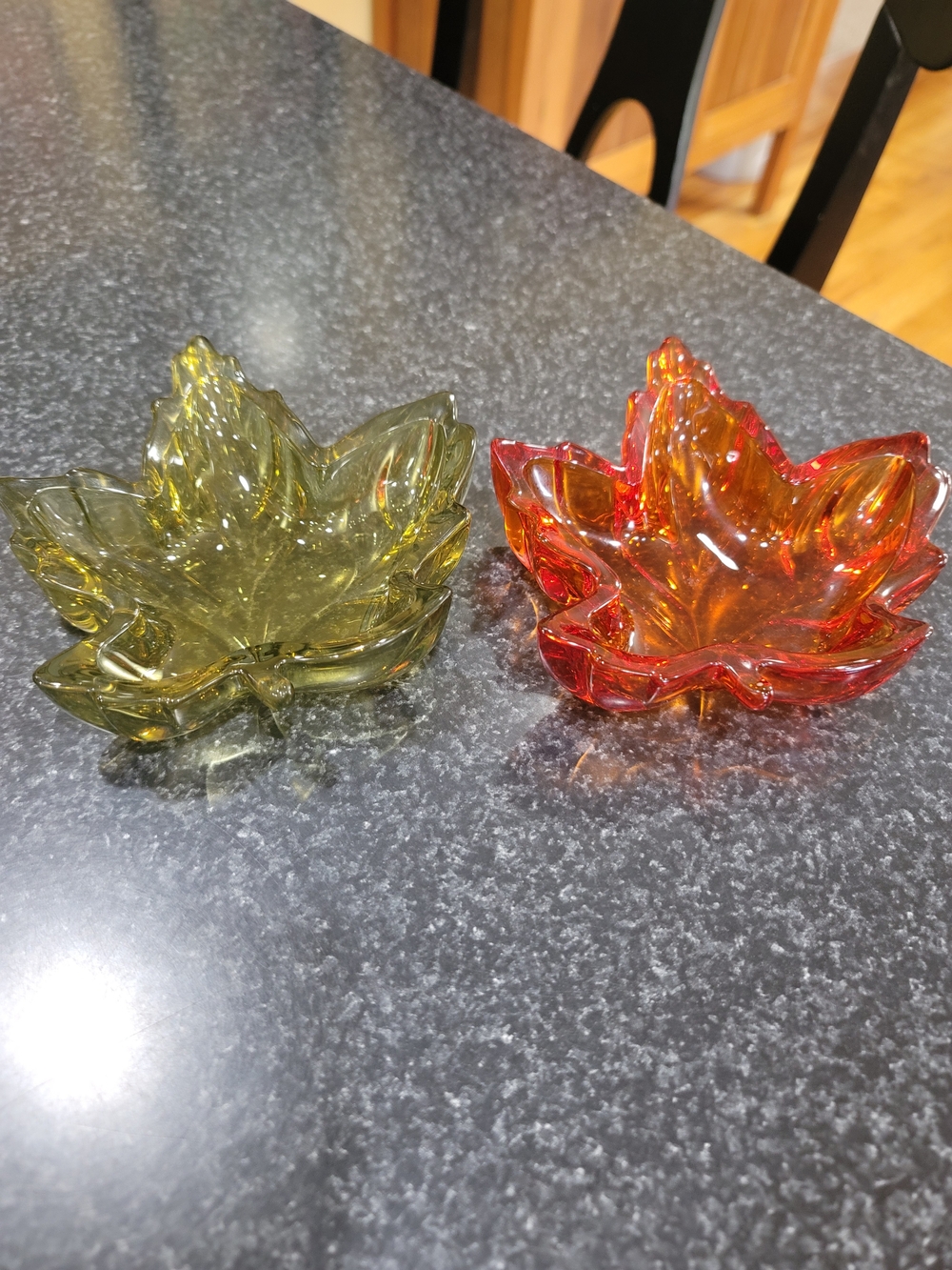 Vintage Set of 2 Orange & Green Glass Leaf Candy Dishes Decorative Bowls
